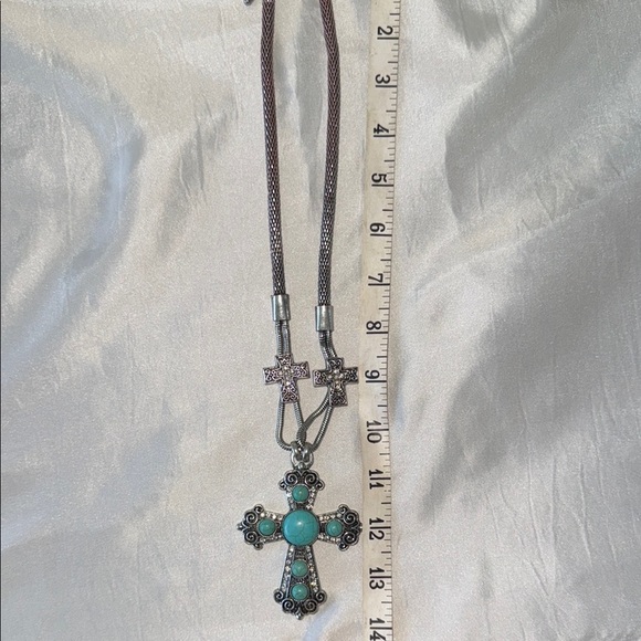 Silver Turquoise Rhinestone Cross Pendant Wire Mesh Necklace Dangle Earring Set - Picture 2 of 13